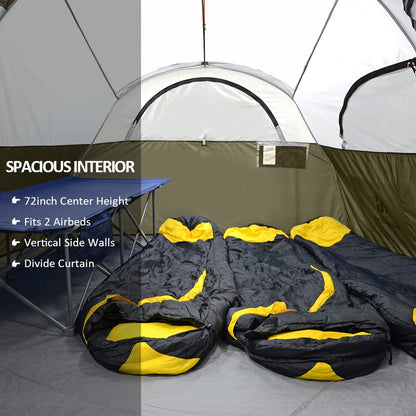 CAMPROS CP Tent 8 Person Camping Tents, Weather Resistant Family Tent, 5 Large Mesh Windows, Double Layer, Divided Curtain for Separated Room, Portable with Carry Bag - Olive