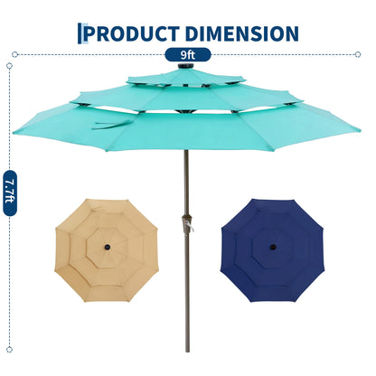 JoanKaren 3 Tier Patio Umbrella with Light, 9ft Outdoor Patio Umbrella with Vented Top, 24 LED Solar Lights, Easy Crank and Push Button Tilt, 8 Sturdy Ribs, for Pool, Deck, Yard, Garden, Light Blue