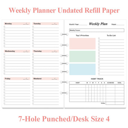(2-PACK) Weekly Planner Refills for 3 or 7 Ring Mini Binders - 106 Sheets/212 Pages Undated Colorful Weekly Planner, 100 gsm White Paper, Lasts 2 Year, Undated, 5.8" x 8.3"