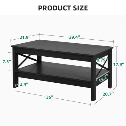 YITAHOME Coffee Table for Living Room, Modern Farmhouse Coffee Table with Storage, 2-Tier Center Table Wood Living Room Table Accent Cocktail with Sturdy Frame, Black