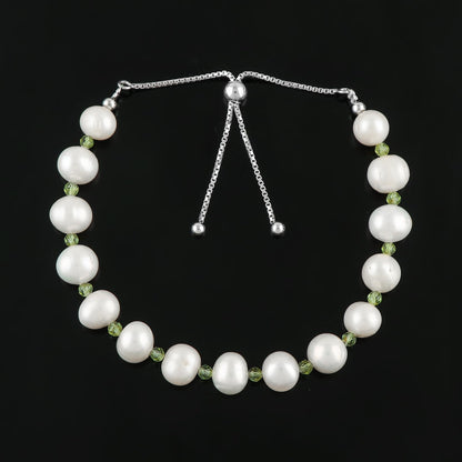 CRYSTALIS Natural Peridot And Natural FW Pearl Beaded Bolo Bracelet, Elegant Beads Crystal, Chakra Bracelet, Healing Bracelet, Gemstone Jewelry, 925 Sterling Silver Slider 10 inch, Gift for Princess
