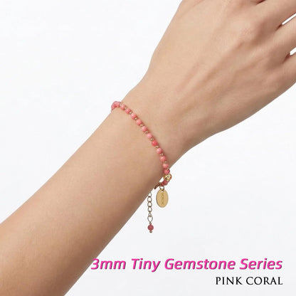 Morchic 3mm Pink Coral Natural Gemstone Beaded Bracelet for Women, Dainty Tiny Charm Jewelry, Adjustable 7.1-8.6", Ideal Birthday Holiday Gift