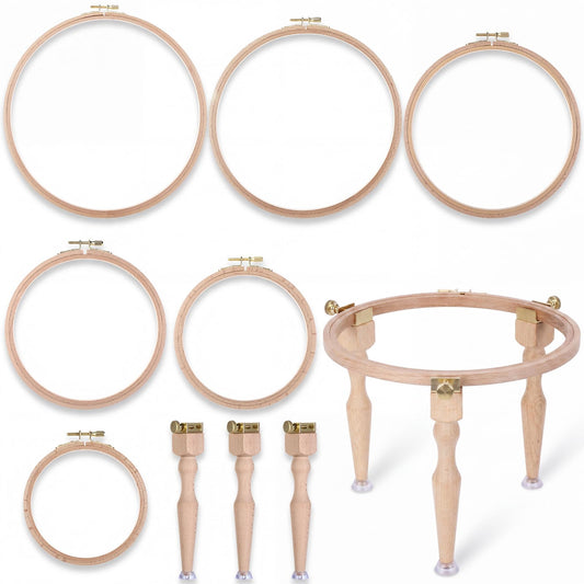 Novabright 3 Wooden Embroidery Hoop Holder Legs with 6 Round Hoops 5'' to 10'' 6 Sizes, Adjustable Embroidery Stand Frame Legs Standard Full Coverage for Upgrade Sewing Cross Stitch Home Craft Project