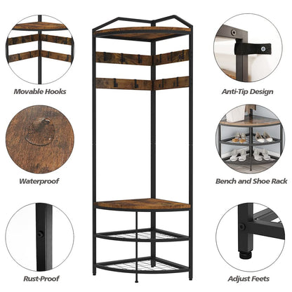 GiftGo Corner Hall Tree with Shoe Bench Entryway Coat Rack with 10 Metal Movable Hooks Floor Standing Clothes Rack Shoes Shelf Organizer for Home Office Bedroom (Rustic Brown)