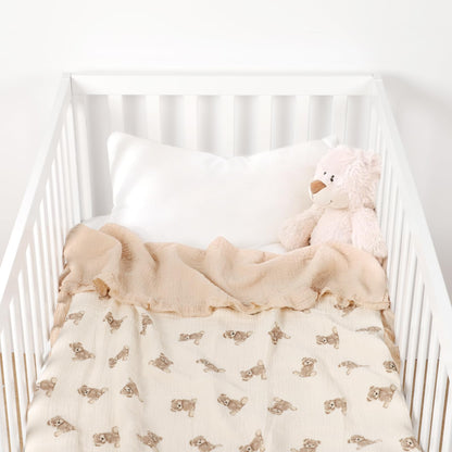 100% Organic Cotton Muslin Baby Blanket Flounce Edge Large 50"x43" Teddy Bear, Soft Breathable Toddler Quilt Crib Blankets Gender Neutral for Baby Boys and Girls Bassinet, Bed, Stroller & Snuggling