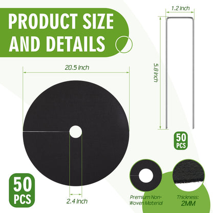 CrystalSylara 100 Pcs Non Woven Tree Mulch Ring Set with 50 Weed Barrier Mats 50 Garden Metal Stakes Thickened Black Tree Protectors Mulch Mat for Garden Plant Cover Root Fabric Protection(Large)