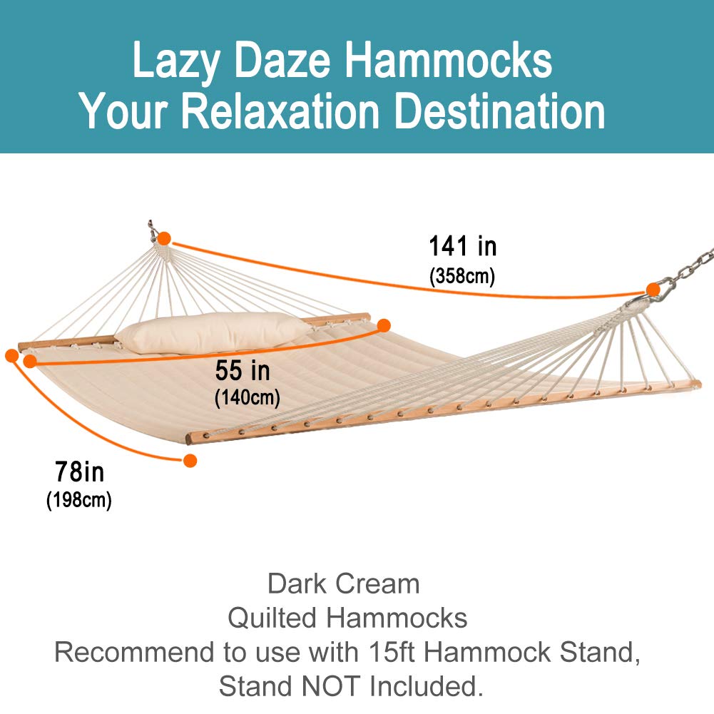 Lazy Daze Hammocks 12FT Quilted Fabric Double Hammock with Spreader Bars and Detachable Pillow, 2 Person Hammock for Outdoor Outside Patio Garden Yard Pool Beach (Linen)