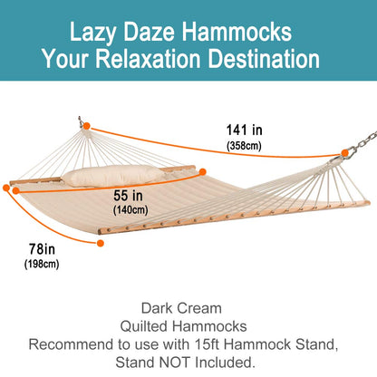 Lazy Daze Hammocks 12FT Quilted Fabric Double Hammock with Spreader Bars and Detachable Pillow, 2 Person Hammock for Outdoor Outside Patio Garden Yard Pool Beach (Linen)