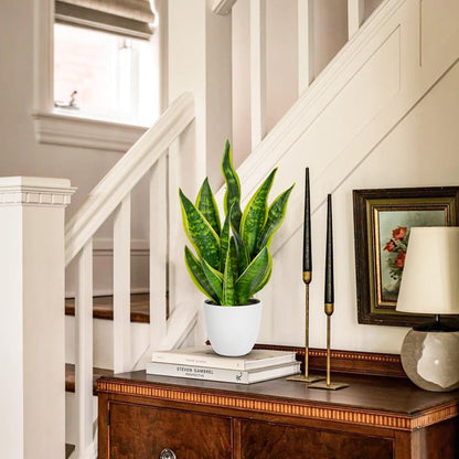 Hollyone Artificial Snake Plant Potted Faux Sansevieria Trifasciata Plants, 18" Tropical Fake Plants in White Pots for Home Office Room Indoor Decor Housewarming Gifts
