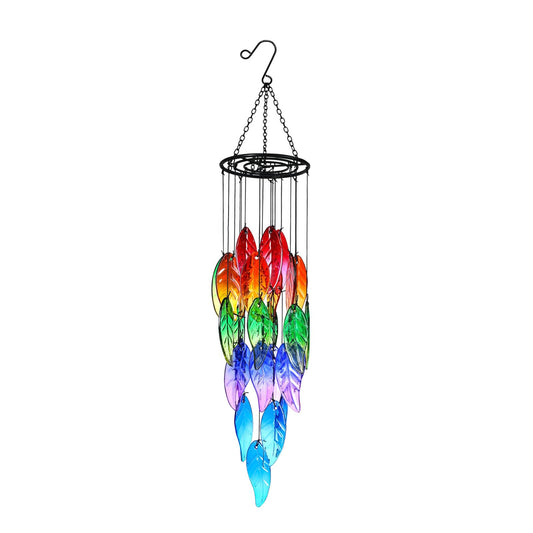 Stained Glass Leaf Wind Chimes - Hand-Painted Glass Leaves Suncatcher for Window, Outdoor Garden Decor, Colorful Leaf Ornaments Hanging Wall Art for Patio, Unique Memorial Gifts for Women & Mom