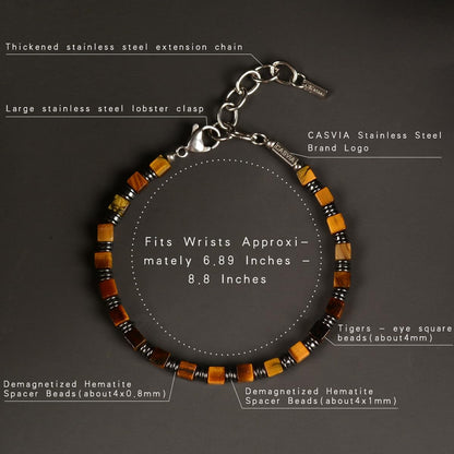Casvia Tiger's Eye Hematite Beaded Bracelet for Men, Square Stone Adjustable Stainless Steel Chain, Handmade Stylish Jewelry Gift for Dad, Husband, Son & Friend