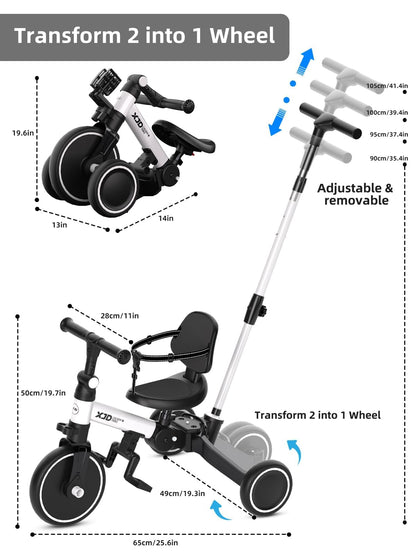 XJD Toddler Bike, 6 in 1 Folding Toddler Tricycle for 1-4 Year Old with Parental Control Handle, Balance Bike with Removable Pedal, Backrest, Adjustable Seat Height, First Birthday Gifts (White)