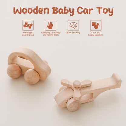 Wooden Baby Car and Airplane Toys,Wood Push Car for Toddler Montessori Baby Grip Toy Car,Gifts for Boys and Girls,Push and Pull Toy Car 2 Pieces