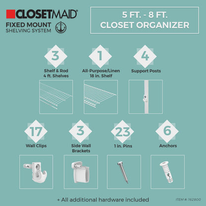 ClosetMaid Wire Closet Organizer System, Adjustable from 5 to 8 Ft., with Shelves, Hardware, Durable Steel, Fixed Mount Installation, White