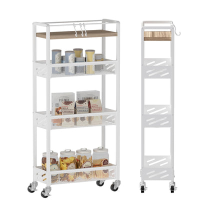 DGSNADGO Slim Rolling Storage Cart, 4-Tier Kitchen Cart on Wheels, Narrow Utility Cart with Handle and Wooden Tabletop for Small Space in Kitchen, Living Room, Bathroom, Laundry Room, Beige and White