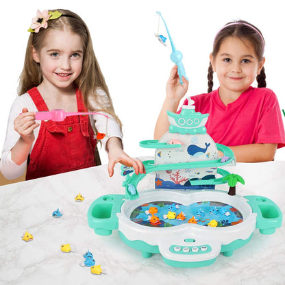 Magnetic Baby Fishing Toy Set, 3 in 1 Fishing Game for Toddlers & Kids with Slideway & Music Story, 10 Fish, 3 Dolphins, 2 Fishing Poles, Learning Educational Sound Effect Toys (Green1)
