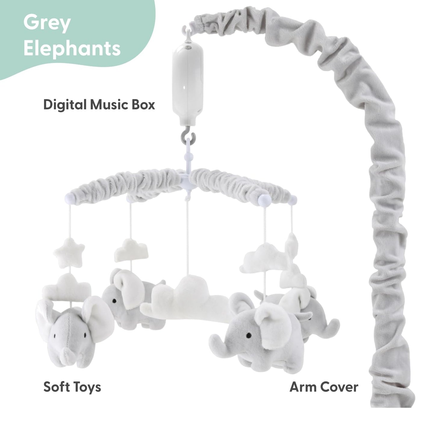 The Peanutshell Crib Mobile for Girls or Boys - Soft Grey Musical Baby Crib Mobile with 12 Lullabies, Cute Elephant Baby Grey Elephant Nursery Decor