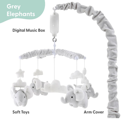 The Peanutshell Crib Mobile for Girls or Boys - Soft Grey Musical Baby Crib Mobile with 12 Lullabies, Cute Elephant Baby Grey Elephant Nursery Decor