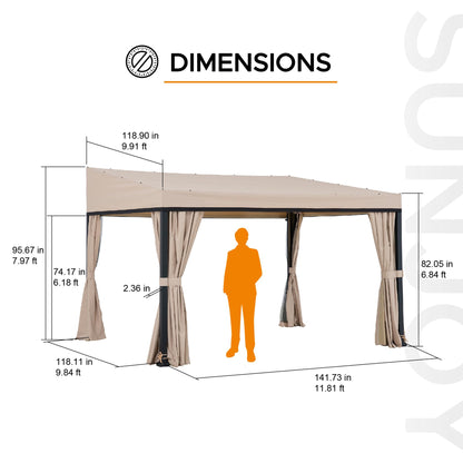 Sunjoy 10 x 12 ft Wall Mounted Gazebo with Weather Resistant Fabric Roof, Black Aluminum & Metal Frame Lean to Gazebo with Curtains and Netting
