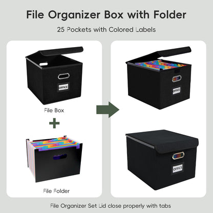 Fuonsyn File Organizer Box with Folder, Accordion File Organizer 25 Pockets, File Folder Organizer with Lid for Home, Office, School, Black