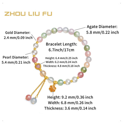 ZHOU LIU FU Sterling Silver Beaded Bracelets for Women Silver Agate Pearl Colorful Gemstone Bead Heart Flower Stretch Bracelet Mom Birthday