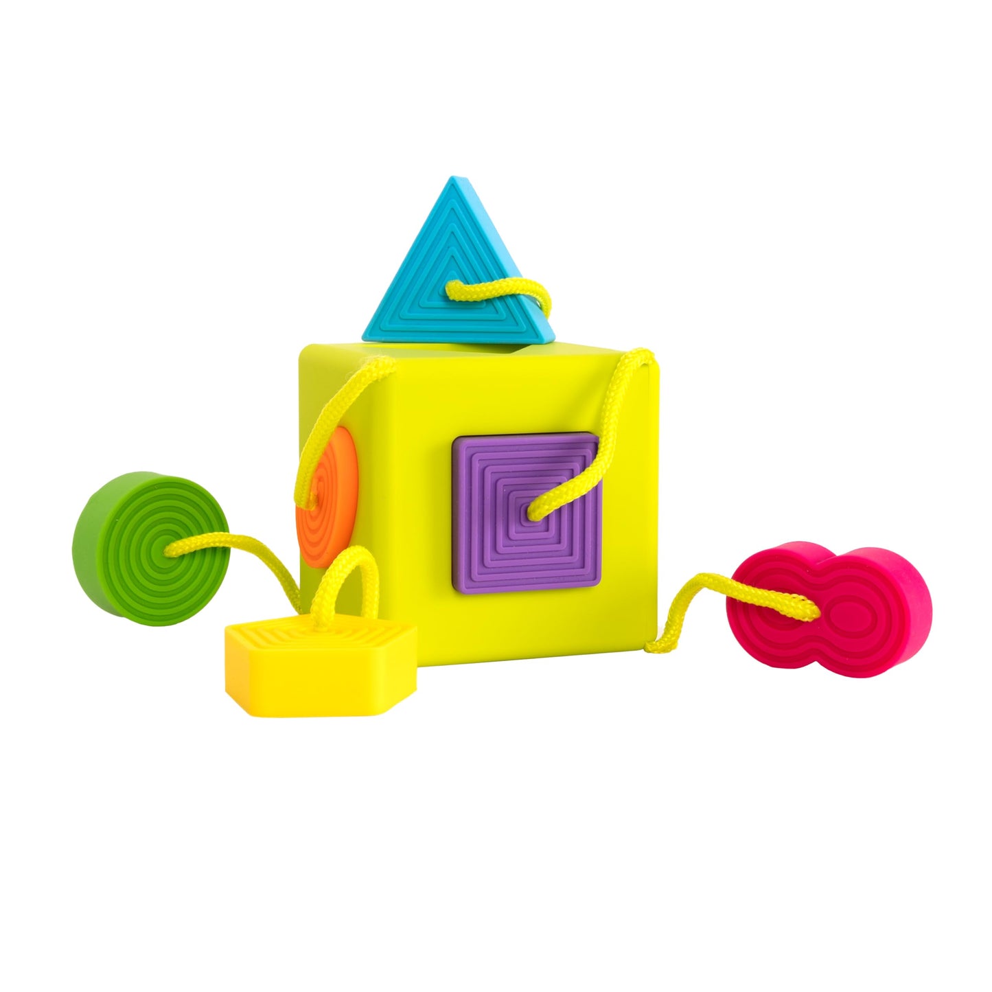 Fat Brain Toys OombeeCube, Toddler and Baby Toys 10 Months and Up, Travel-Friendly Shape Sorter with Tethered Shapes for Early Learning