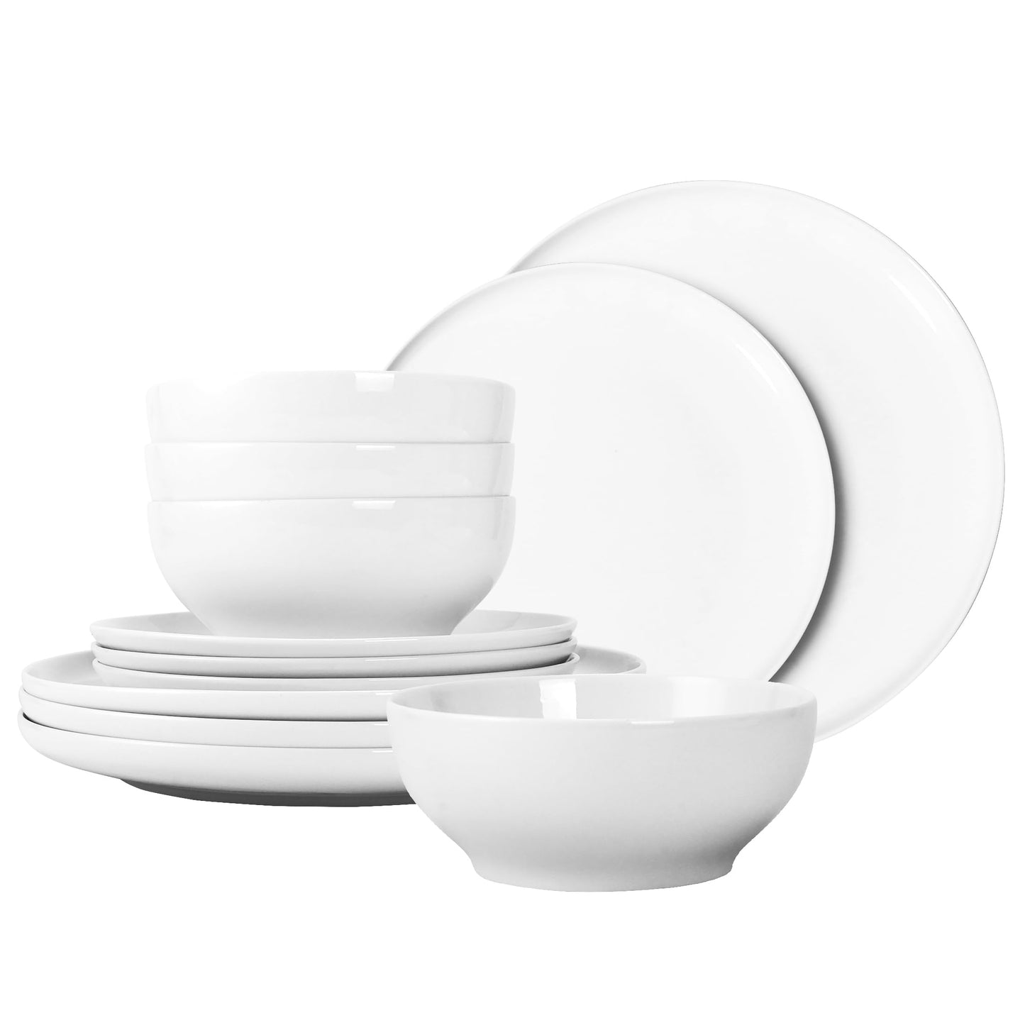 Anveena Dinnerware Set for 4, 12 Piece Plates and Bowls Set, White Porcelain Dish Set Microwave Safe Dishwasher Safe Chip Resistant for Everyday Dining