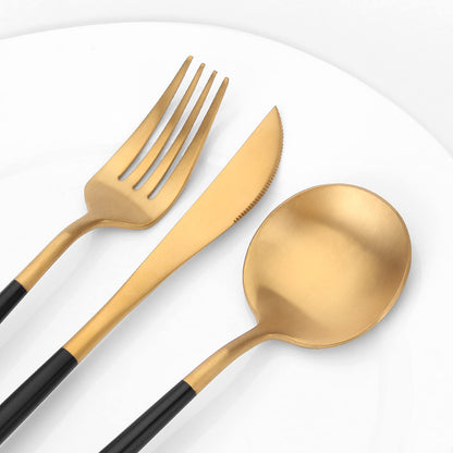 Matte Gold Silverware Set with black handle, Vanys 30 Piece Stainless Steel Cutlery Flatware Set, Kitchen Utensil Sets for 6, Tableware With Knife Spoons And Forks Set, Satin Finished Polished