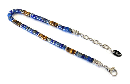 10:10 Beaded Bracelet for Men and Women – Natural Gemstone Bracelet and Stainless Steel – Adjustable, Durable and Elegant – Made in Italy (Lapis Lazuli - Tiger's Eye)