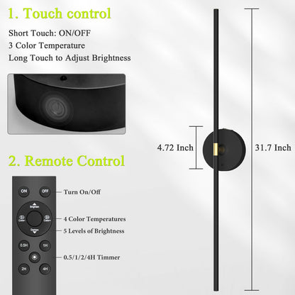 Battery Operated Wall Sconce Set of 2: 10000mAh Wireless Sconces Rechargeable Wall Lights with Touch and Remote, 360° Rotate Cordless Wall Lamp for Bedroom Living Room Hallway, 31.5 Inch, Black