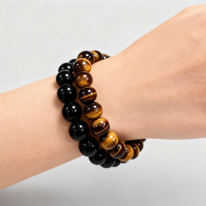Ruishupin Natural obsidian bracelet,Tigers eye black obsidian 8/10/12/13mm beads bracelet for men and women, Jewelry Healing elasticized Bracelets Bring Luck and happyness Prosperity.Mom/Dad/Wife/Employee gift