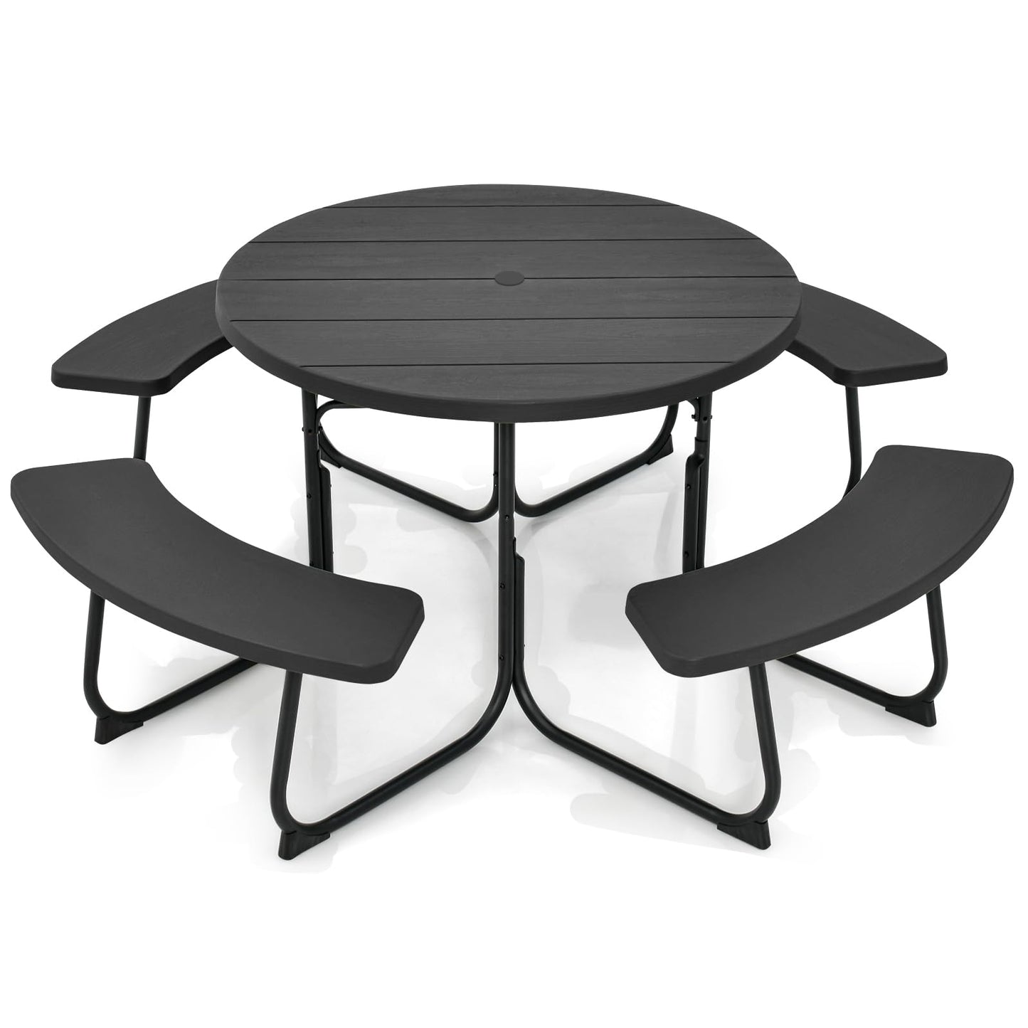 Tangkula 8 Person Picnic Table, Outdoor Round Picnic Table with 4 Built-in Benches, Umbrella Hole, Metal Frame & HDPE Tabletop, Outside Table and Bench Set for Backyard, 2300lbs Weight Capacity