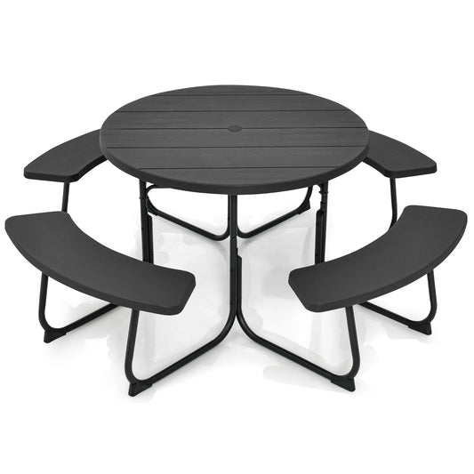 Tangkula 8 Person Picnic Table, Outdoor Round Picnic Table with 4 Built-in Benches, Umbrella Hole, Metal Frame & HDPE Tabletop, Outside Table and Bench Set for Backyard, 2300lbs Weight Capacity