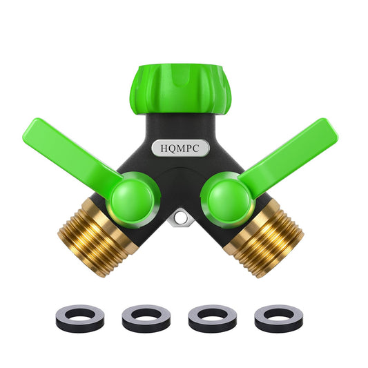 HQMPC Garden Hose Splitter, 2 Way Hose Bib Splitter, Brass y splitter 2 way Y valve Metal Body 2 Way Hose Shut Off Valve, 2.12" Extra Long Metal Handle, 3/4" GHT Thread (1, Green)