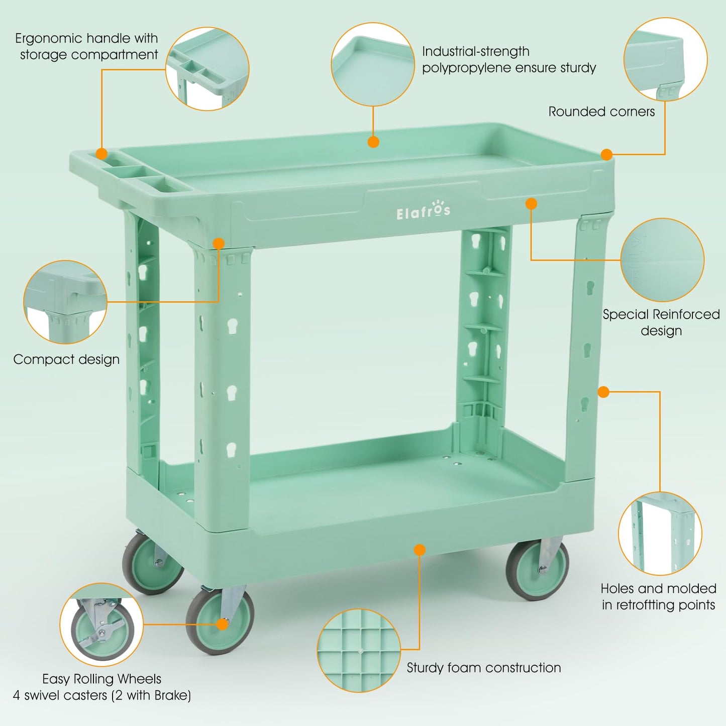 ELAFROS Rolling cart, Utility Trolley, 34 x 17 in Plastic Cart with 2 Deep Tub Shelves, Full Swivel Wheels, 550 lbs Capacity, Mint Green