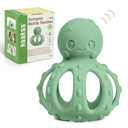 haakaa 2-in-1 Baby Teething Toy,Octopus Teether with Gentle Rattle,Soft Textured Teether for Sore Gums,Easy to Grasp Sensory Toy for Babies 3M+,Pea Green