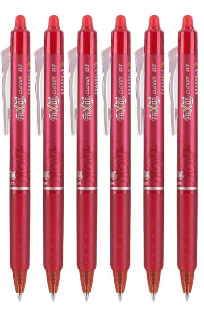 Advantage Gifts Frixion Clicker Retractable Erasable Gel Pens Fine Point (.7mm) Red Ink 6-pk; Bundle with Plastic Reusable Pouch