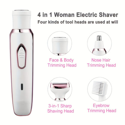 [4-in-1 Painless Razor for Women] 4-in-1 Rechargeable Electric Razor for Women - Face, Nose, Legs, Underarm, Bikini Trimmer - Wet & Dry, Painless Grooming Kit - Portable & Rechargeable