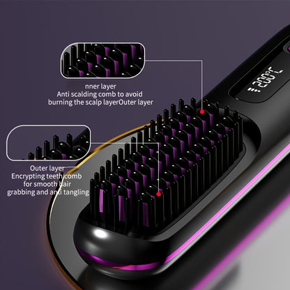 Portable Wireless Hair Straightener Comb | USB Charging, 3-speed Temperature Control, Negative Ion Technology, Long-lasting Luster, LED Display, Lightweight, Perfect for Travel, Includes Comb and Clip.