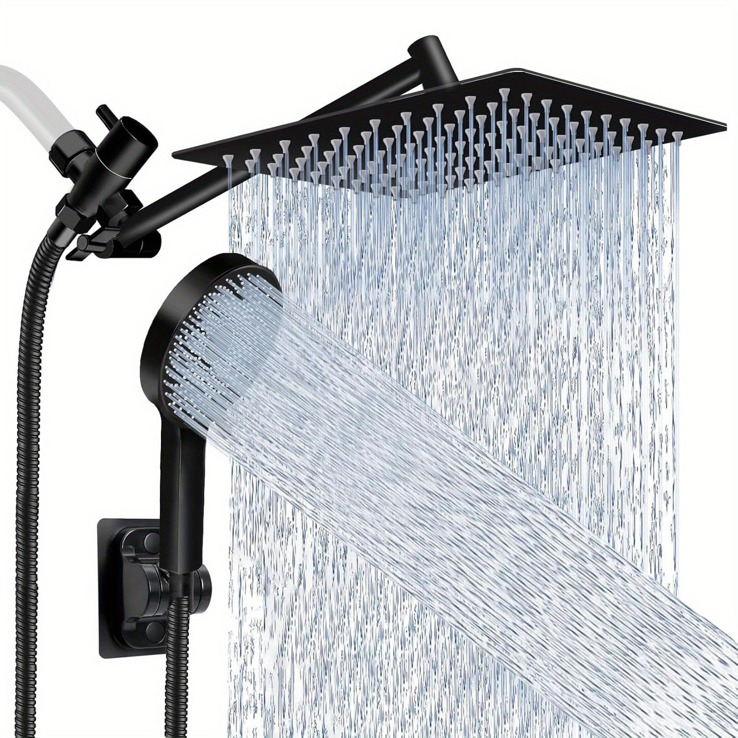 Shower Head, High Pressure Rainfall/Handheld Shower Combo with 11'' Extension Arm, 3 Settings, Anti-Leak Shower Head with Holder, Height/Angle Adjustable, Chrome, Matte Black
