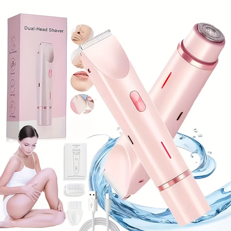 Women's 2-in-1 Dual-Head Electric Bikini Trimmer & Facial Shaver - USB- Wet/Dry Epilation Device Suitable for Bikini, Underarms, Legs, Arms, Face - Long-Lasting Battery, Body Hair Removal Tool with Ergonomic Grip