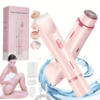 Women's 2-in-1 Dual-Head Electric Bikini Trimmer & Facial Shaver - USB- Wet/Dry Epilation Device Suitable for Bikini, Underarms, Legs, Arms, Face - Long-Lasting Battery, Body Hair Removal Tool with Ergonomic Grip