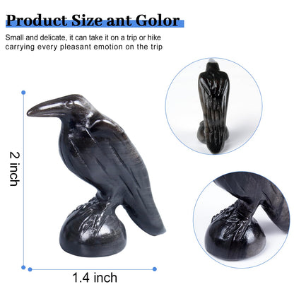 QLRSUXN Natural Silver Obsidian Raven Figurines, 2 Inch Healing Crystal Animal Statues, Lucky Guardian Pocket Crow Figurines as Women’s Gifts, Raven Statues for Office Home Decor and Ornament.