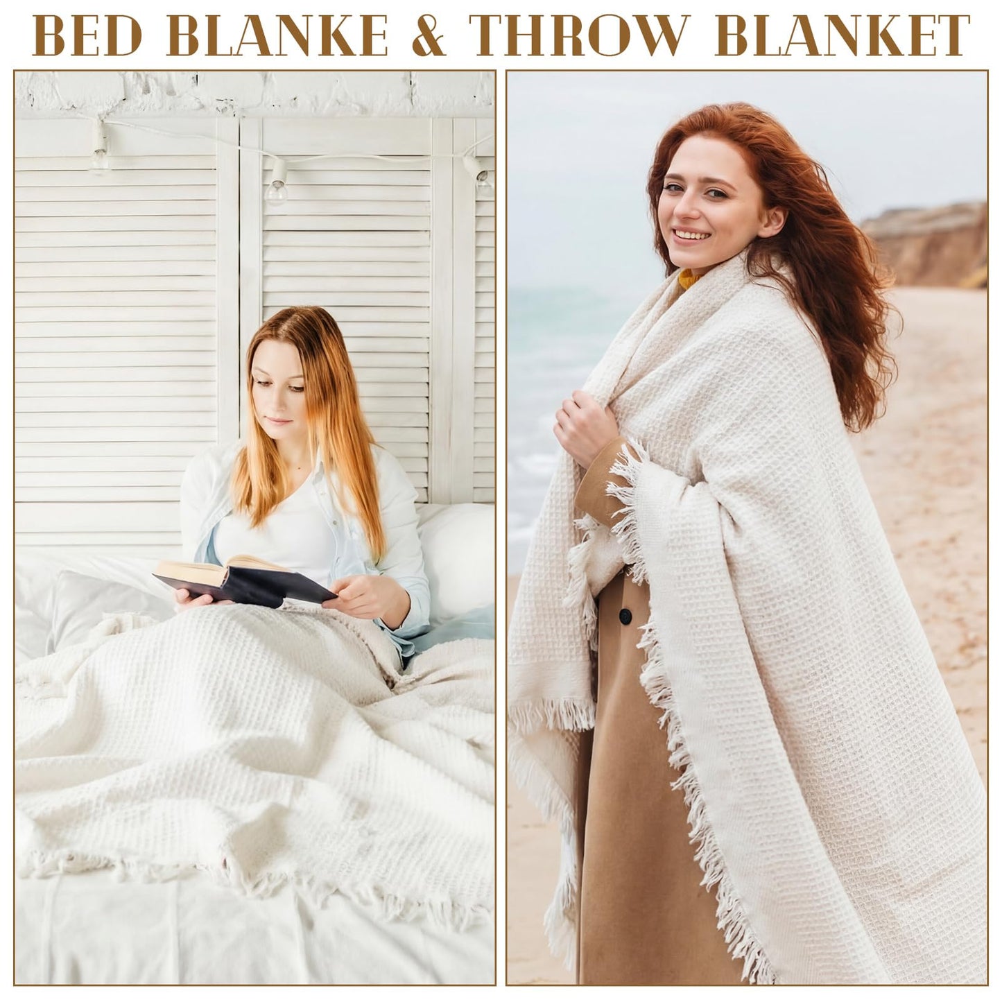 Hillsuren Giant Beach Blanket with Fringe 91 x 71 Inch Waffle Woven Cotton Oversize Yarn Outdoor Picnic Blanket Bohemia Sandproof Beach Towel for Spring Summer Camping Accessories(Milky White)