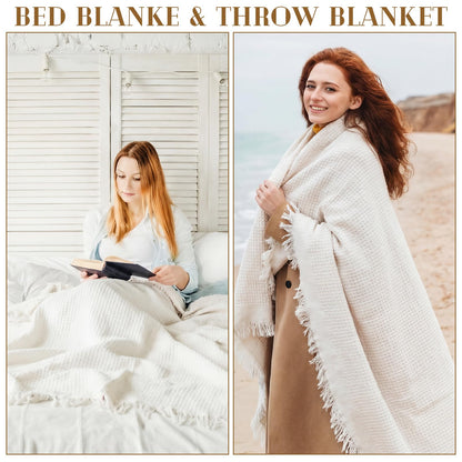 Hillsuren Giant Beach Blanket with Fringe 91 x 71 Inch Waffle Woven Cotton Oversize Yarn Outdoor Picnic Blanket Bohemia Sandproof Beach Towel for Spring Summer Camping Accessories(Milky White)