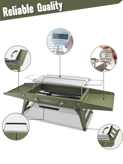 Charmline 14 x 9 inches Portable Charcoal BBQ Grill, Foldable Compact Camping Barbecue for 1–3 People, Ideal for Garden, Beach, Picnic & Tabletop Use, Green