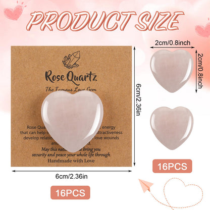 YooNotee 32 Pack 1.2 Inch Rose Quartz Heart Crystal Pink Heart Shaped Stones Gift Set Bulk 16 Pcs Crystal Gemstone Crystals Rock with 16 Pcs Cards for Men Women