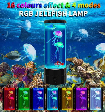 FineLiMoLa Jellyfish Lamp 12"-Black Minimalist Cylinder Table Lamp with 2 Large Jellyfish & 2 Fish,16 Color Changing LED,USB Powered,Remote Control,Jellyfish Light Lamp for Kids Christmas Gift