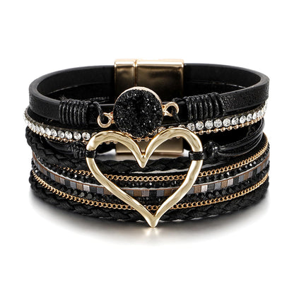 Leopard Bracelet for Women, Boho Leather Wrap Multi-Layer Pearl Crystal Bracelet Bangle Jewelry (Heart Leather(Black))
