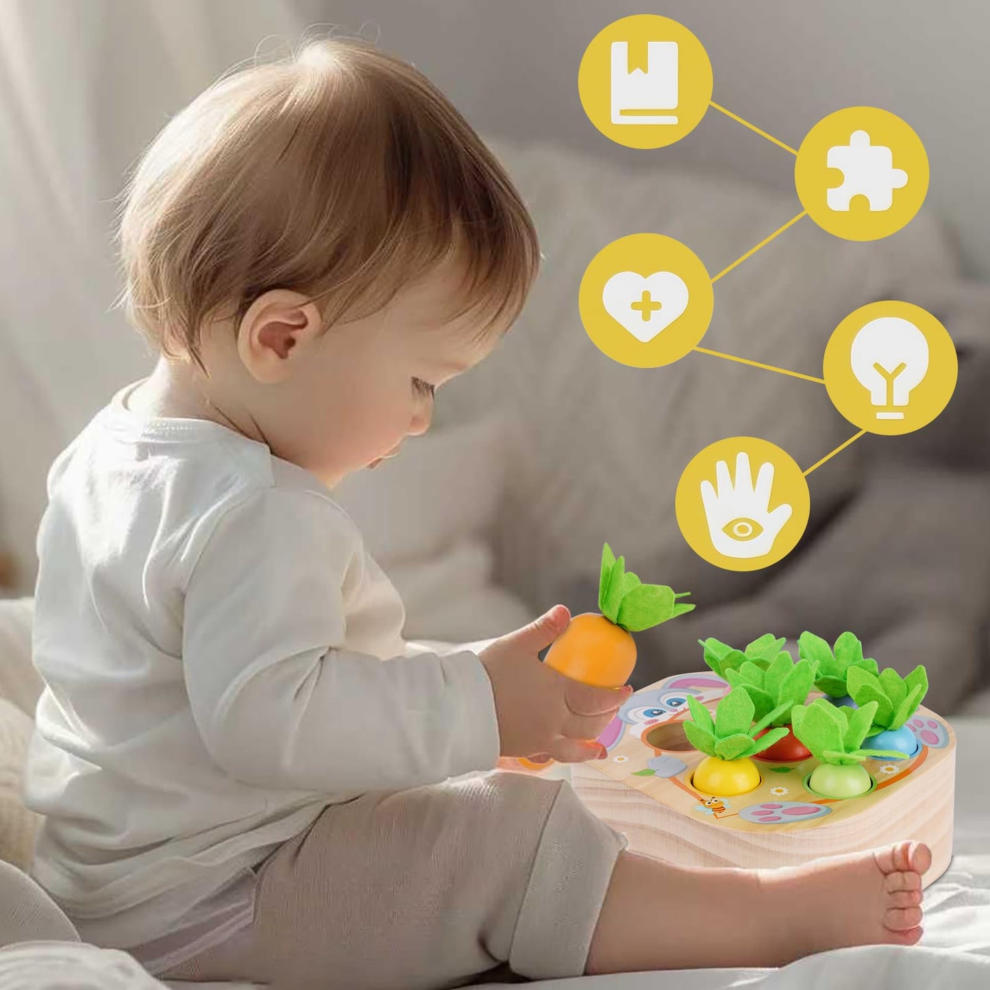 KMTJT Montessori Toys for 1 2 3 Year Old Toddlers, Rabbit Carrot Harvest Game Wooden Toys for 6-12 Months Baby Boys and Girls, Shape Sorting Matching 1st Birthday Easter Gifts for Babies 1-3 (Macron)